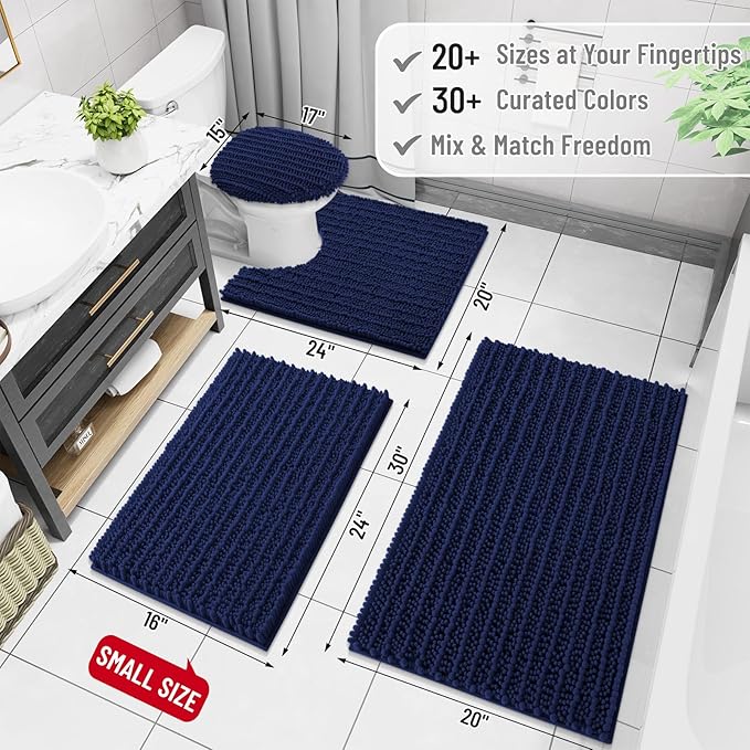 Arotive Luxury Chenille Bathroom Rug Mat, Extra Soft Thick Absorbent Shaggy Bath Rugs, Non-Slip Machine Wash Dry, Plush Bath Mats for Bathroom, Shower and Tub, 47x20, Navy