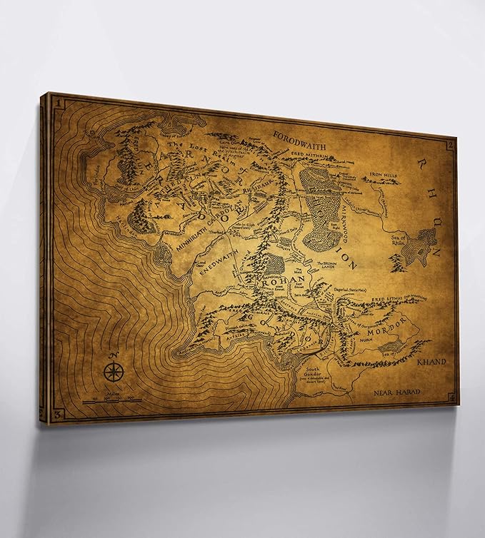 Middle Earth Map Wall Art Canvas Print - Fantasy Map of Middle Earth - 12''H x 18''W with Inner Wooden Frame - Lightweight & Easy to Hang - Perfect for Bedroom, Game Room Decor