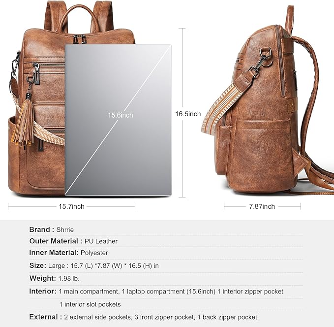 Shrrie 15.6 inch Laptop Backpack for Women,Large Leather Backpack Purse,Travel,Carry on,Water Resistant Casual Laptop Backpacks,College Backpack,Work Backpack for Women,Two-toned Brown