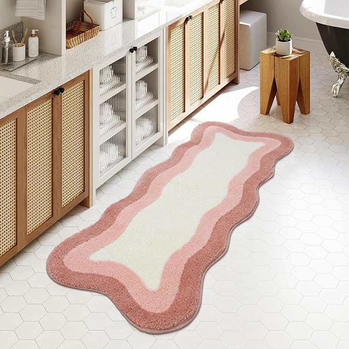 HAOCOO Pink Bathroom Rug Runner, 24x59 Inch Soft Non Slip Bath Rugs for Bathroom, Microfiber Absorbent Washable Irregular Shaped Rug Floor Mat for Bedroom Bathtub Tub Shower