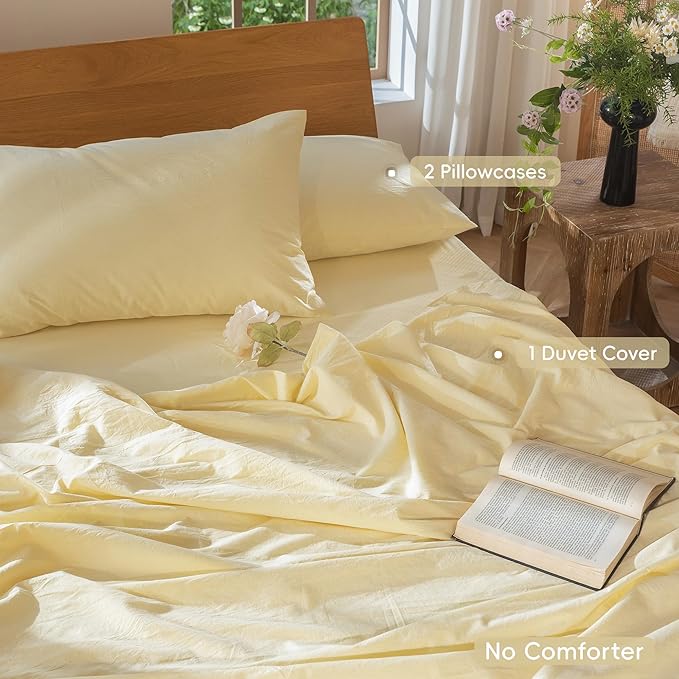 MooMee Bedding Duvet Cover Set 100% Washed Cotton Linen Like Textured Breathable Durable Soft Comfy (Heathered Butter Yellow, Palatial King/Oversized King 120"x98")