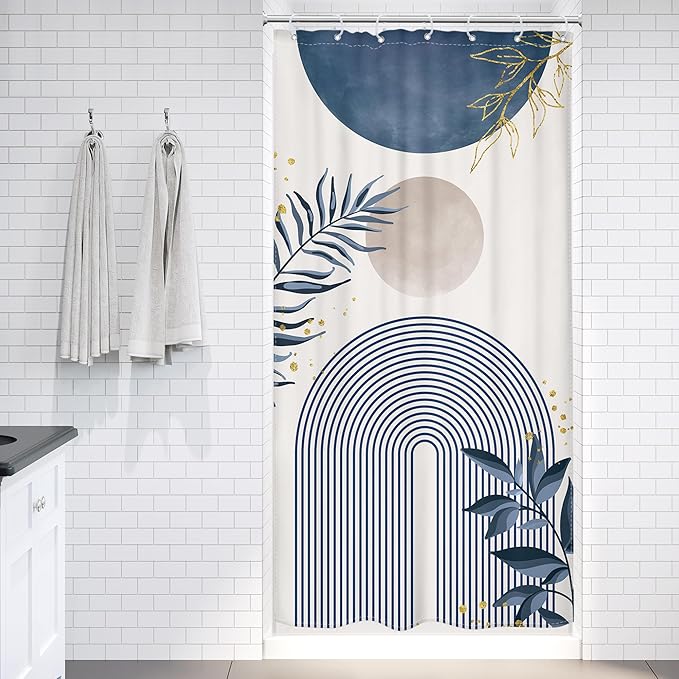 Small Stall Boho Shower Curtain 36Wx72H RV Blue Modern Mid Century Abstract Leaves Plant Minimalist Geometric Bathroom Decor Half Narrow Standing Bath Curtain Fabric Polyester 7 Pack Hook