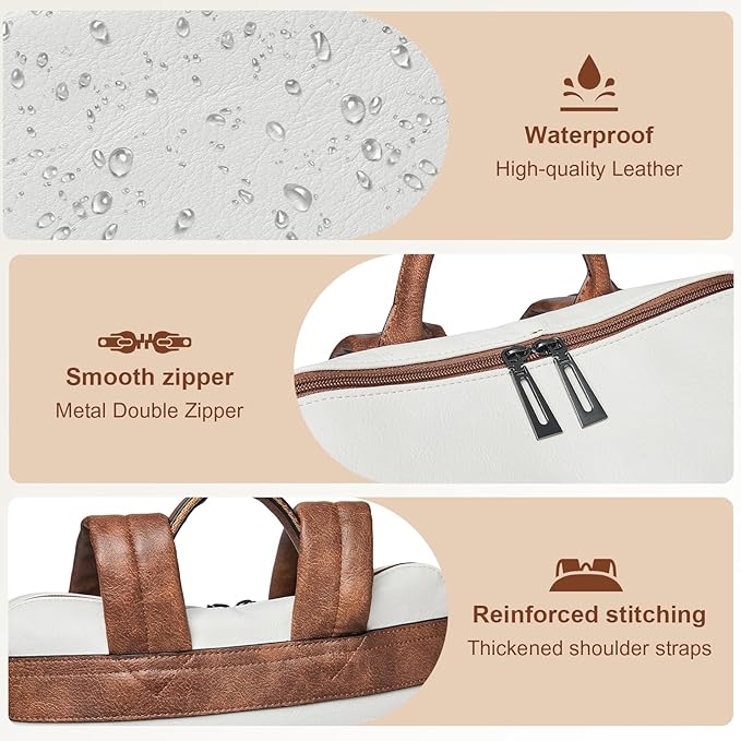 Shrrie Laptop Backpack for Women 15.6 inch,Travel Leather Backpack Purse Nurse Teacher Carry on Backpack Computer Bag,Professional Water-Resistant College Business Work Casual Daypack,Beige with Brown