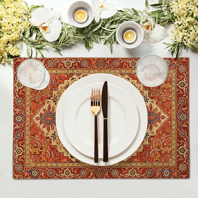 Giwawa Boho Ethnic Placemats Set of 4 Vintage Orange Brown Retro Flower Decorative Linen Table Place Mats 12"x18" Rustic Country Style Floral Place Mats Heat Resistance for Kitchen Dining Farmhouse
