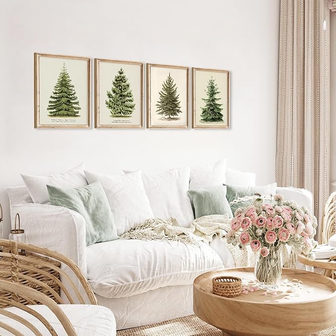 Vintage Christmas Tree Wall Art – Set of 4 Rustic Pine Tree Prints, Cozy Botanical Winter Holiday Decor, Unframed Christmas Wall Artwork for Festive Home Styling (8x10 Inch)