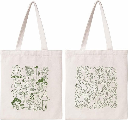 Mushroom Frog Tote Bag Cute Frogs Funny Canvas Bag Aesthetic Cotton Canvas Tote Bag for Women Gift Reusable Grocery Bag Shopping Beach Shoulder Bag