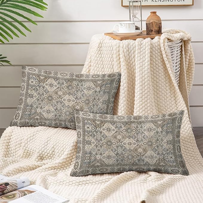 Boho Floral Throw Pillow Covers 12x20 inch Set of 2,Boho Rug Geometric Floral Pattern Decor Double Sided Pattern Cushion Cover Soft Pillow Case Living Sofa Room Bed Square Pillow Cover