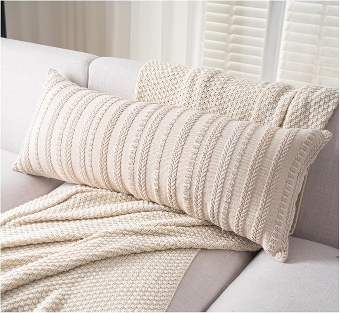Boho Lumbar Pillow Covers 14x36 Long, Farmhouse Decorative Couch Pillow Cases, Beige Accent Pillows of Bed, Sofa Bedroom Living Room Home Decor Cushion Cover, Pack of 1