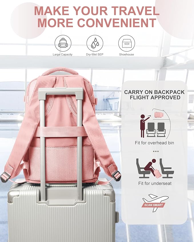 coowoz Travel Backpack Carry On for Women Man Gym Backpacks with Laptop Compartment Mochila de Viaje Teacher Personal Item Backpack Airplane Accessories Must Haves Pink Small