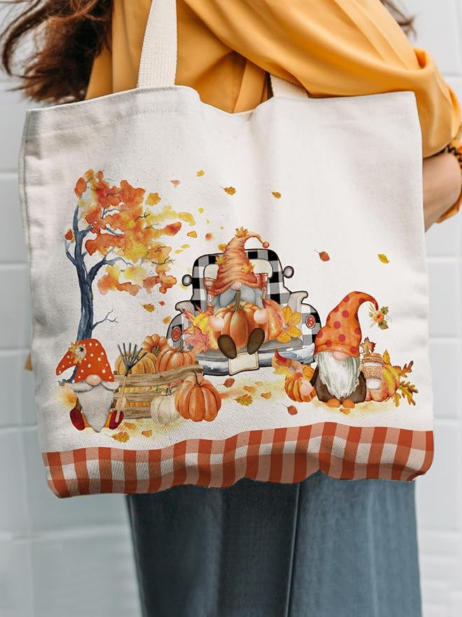 Bencailor 2 Pcs Fall Canvas Tote Bag Thanksgiving Pumpkin Maple Leaf Tote Pouch Cute Aesthetic Reusable Grocery Bag for Women