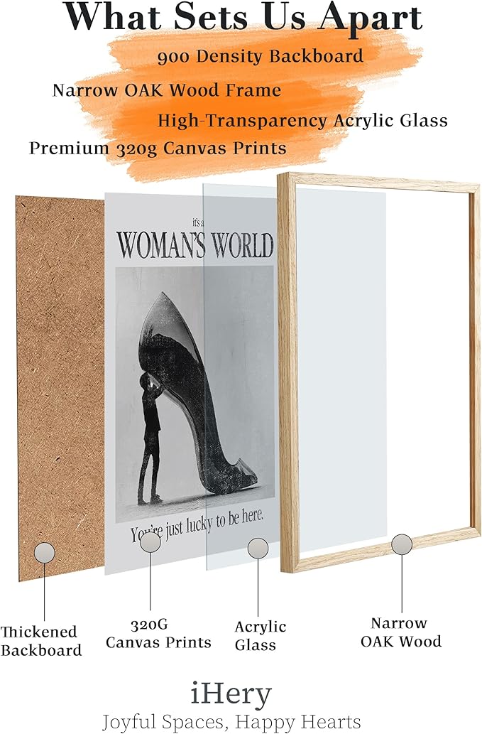 iHery Natural OAK Wood Woman's World Framed Wall Art, 12x16 in Retro Feminist Modern Hot Girls Canvas Wall Art, Trendy Black High Heels Bedroom Decor, Set of 1 For Bathroom Living Room