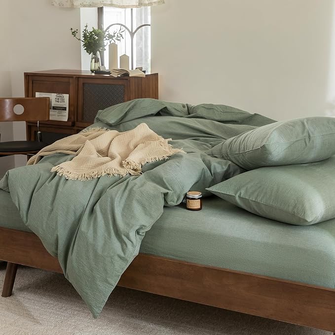 FOSSA Duvet Cover Set 100% Washed Cotton Linen Feel Super Soft Breathable Cozy Simple Style 3 Pieces Bedding Sets Solid Heathered Green Super Queen