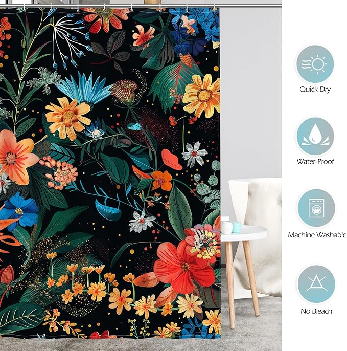 Aimego Black Floral Shower Curtain - Dark Vintage Flower Plants Boho Chic Colorful Botanical Leaves Fabric Cloth Bath Shower Curtain Set with 12 Hooks for Bathroom Decor Accessories, 72"x72"