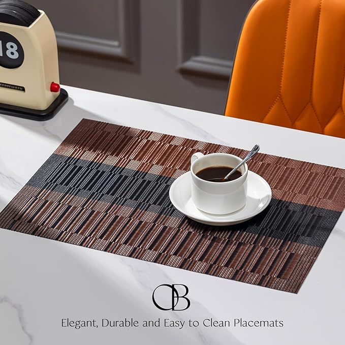 Placemats Set of 6 - Easy Clean Woven Vinyl Placemats for Dining Table, Indoor/Outdoor Place Mats, Washable PVC Table Mats （Ombre Brown Black）