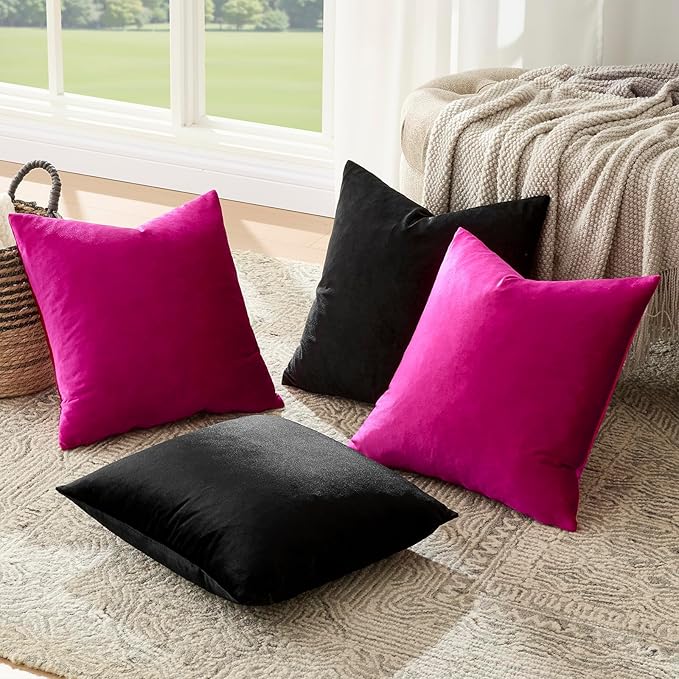 GIGIZAZA Pillow Covers 20x20 Set of 4,Black Hot Pink Velvet Soft Pillow Covers Decorative Square Modern Pillows Cushion Cases for Living Room