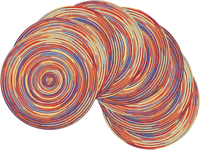 SHACOS Round Braided Placemats Set of 8 Washable 15 inch Round Table Mats Colorful Variegated Woven Place Mats for Dining Table (Rainbow Red, 8)