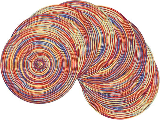 SHACOS Round Braided Placemats Set of 8 Washable 15 inch Round Table Mats Colorful Variegated Woven Place Mats for Dining Table (Rainbow Red, 8)