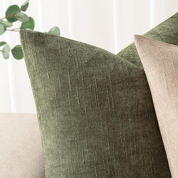 Foindtower Pack of 2 Soft Textured Chenille Throw Decorative Pillow Covers Square Accent Solid Cushion Cover Cozy Neutral Farmhouse Pillow Case for Couch Sofa Bedroom Living Room 16x16 Inch,Dark Green