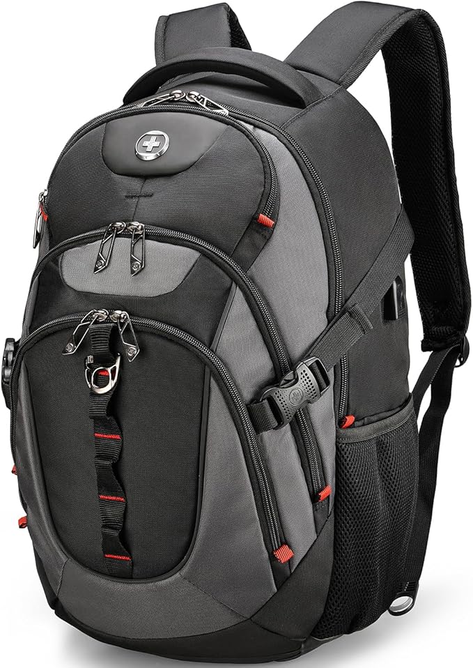 Swissdigital Design Laptop Backpack with USB Charging Port, Travel Backpack Fits 15.6 inches Computer, 31L College School Backpack for Men, Black/Grey | SD803