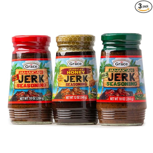 Grace Jamaican Jerk Seasoning Paste Variety Pack - Honey, Mild & Hot Jerk Seasoning Jamaican Style - Caribbean Jerk Seasoning Mix for Jerk Chicken Seasoning & Oxtail Seasoning - Best BBQ Rub for Pork Ribs & Steaks