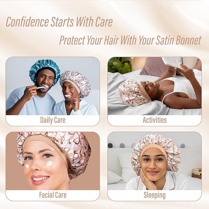 Satin Bonnet Adjustable Sleeping Silk Bonnet Black Women Men Double Layer Satin Silk Sleep Cap Hair Wrap Large Curly Hair