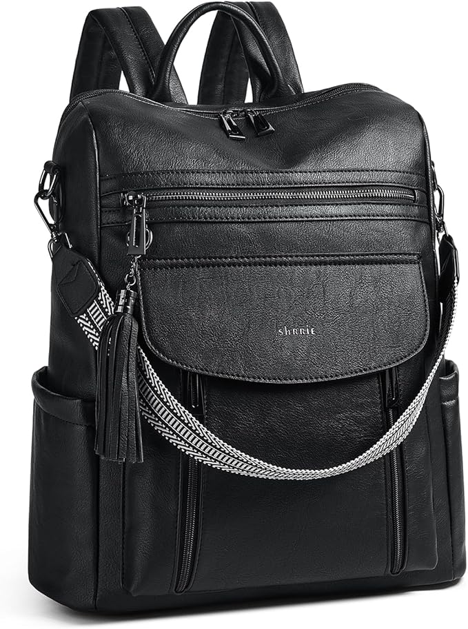 Shrrie Laptop Backpack for Women 15.6 inch,Travel Leather Backpack Purse Nurse Teacher Carry on Backpack Computer Bag,Professional Water-Resistant College Business Work Casual Daypack,Two-tone Black
