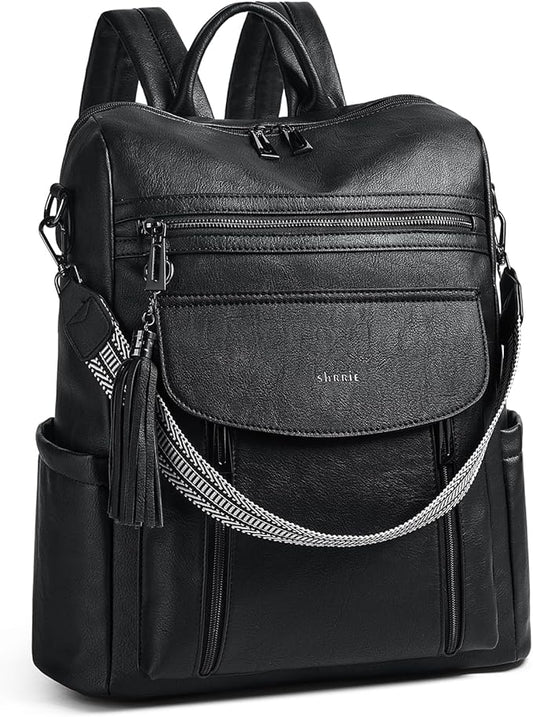 Shrrie Laptop Backpack for Women 15.6 inch,Travel Leather Backpack Purse Nurse Teacher Carry on Backpack Computer Bag,Professional Water-Resistant College Business Work Casual Daypack,Two-tone Black