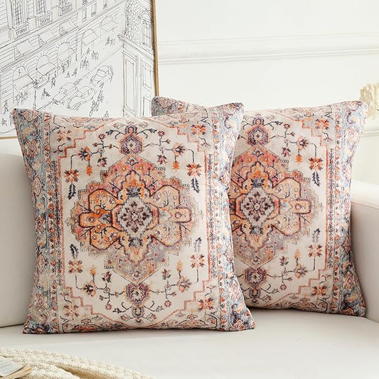 Boho Throw Pillow Covers 16x16 inch Set of 2,Boho Vintage Carpet Pattern Antique Ethnic Decor Double Sided Pattern Cushion Cover Soft Pillow Case Living Sofa Room Bed Square Pillow Cover