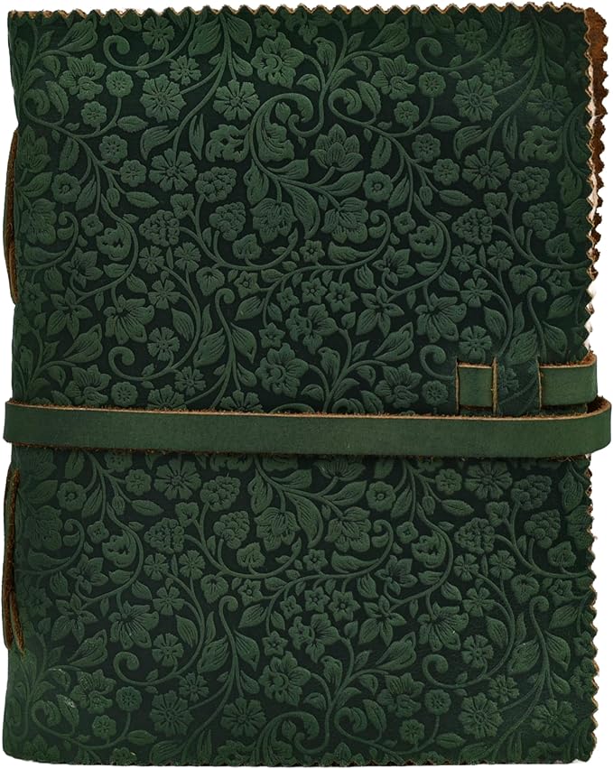 LEATHER VILLAGE Leather Bound Floral Embossed Journal for Women Men - 200 Pages, 8”X6”(A5), Green - Book of Shadows, Vintage Blank Paper Travel Diary, Notebook for Writing, Drawing, Sketchbook