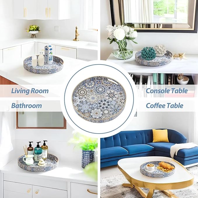 Round Serving Tray with Handles - Boho Coffee Table Tray Ottoman Tray,Large Trays for Ottoman Coffee Table,Modern Decorative Trays for Living Room