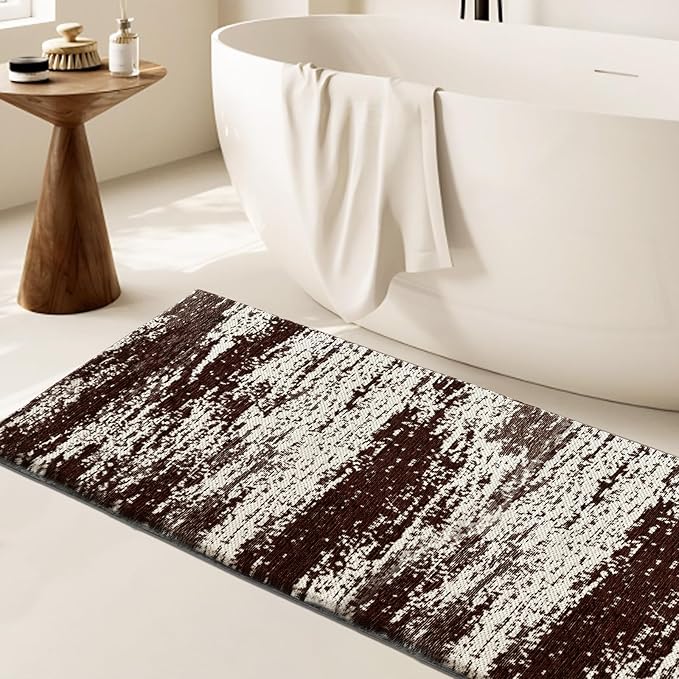 HDFK Graffiti Bath Mat | Non Slip Water Absorbent Quick Dry Woven Floor Mats | Thin Machine Washable Modern Shower Rug | Low Pile Profile Fit Under Door Vanity Room Bathroom Rugs | 30x20 Inch Brown
