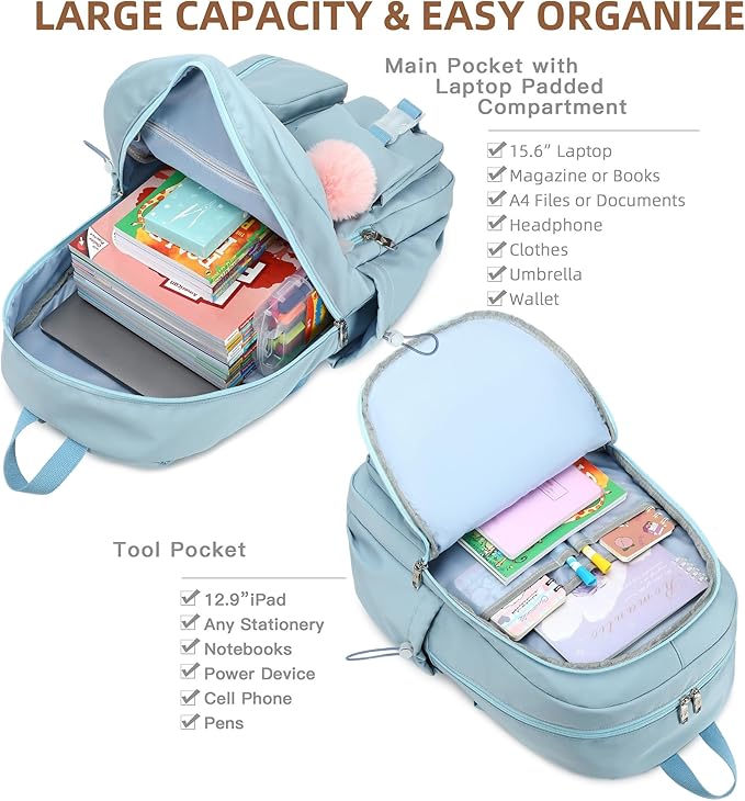 Laptop Backpack 15.6 Inch Kids Elementary Middle High School Bag College Backpacks Anti Theft Travel Back Pack Large Bookbags for Teens Girls Women Students (Blue)