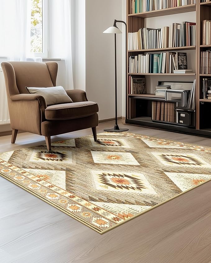 Area Rug 4x6 Rug Machine Washable Non-Slip Low Pile Print Pattern Western Rug for Living Room Bedroom Entryway Tribal Series -Cream/Camel