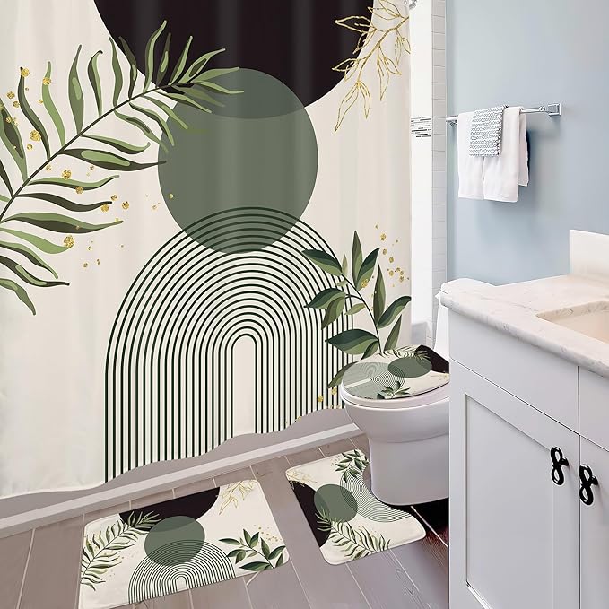 4 PCS Dark Green Boho 72Wx72H Shower Curtain Set Modern Mid Century Leaves Plant Bath Rug Toilet Lid Cover Nonslip U Shape Mat Quick Dry Rubber Backed Dirt Resistant Accessories Bathroom Decor