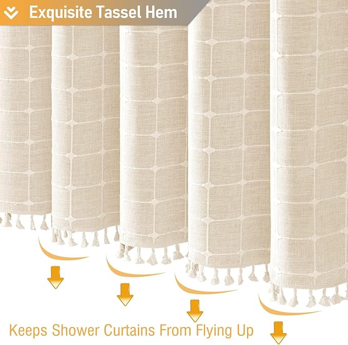 BTTN 80 Inch Long Shower Curtain - 72x80 Boho Farmhouse Linen Ultra Fabric Shower Curtain Set with 12 Plastic Hook, Aesthetic Rustic Country Weighted Cloth Shower Curtains for Bathroom - Cream/Beige