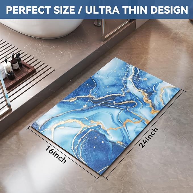 Non Slip Bath Mat Ultra Thin Bathroom Rug Fit Under Door, Rubber Backing Quick Dry Super Absorbent Washable Shower Bath Mats Blue 16x24