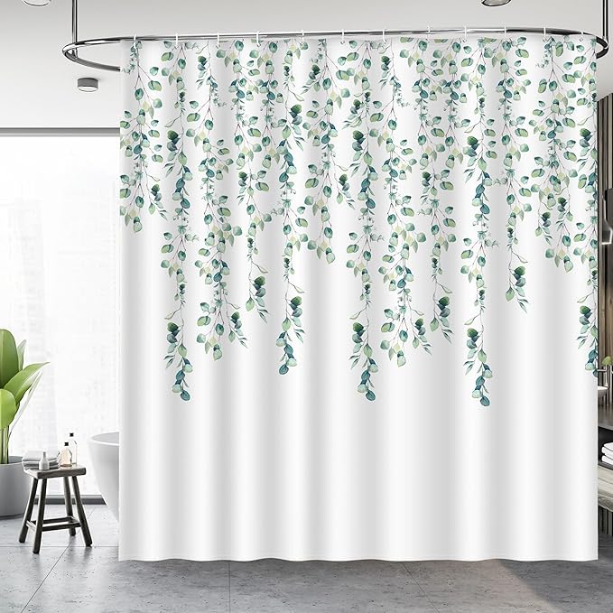 Aimego Sage Green Eucalyptus Shower Curtain-Spring Summer Watercolor Plant Leaves Nature Botanical Bathroom Decor Fabric Cloth Bath Shower Curtain Set with 12 Hooks, 72"x72", White