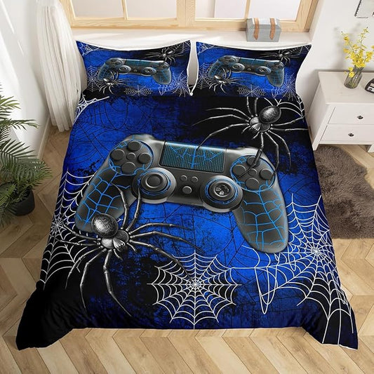 Boys Gamer Gamepad Duvet Cover Set Twin Size Kids Teen Man Gaming Theme Bedding Sets 2 Pcs for Room Decor, Fashion Spider Halloween Comforter Cover with 1 Pillowcase (No Comforter) Black Blue
