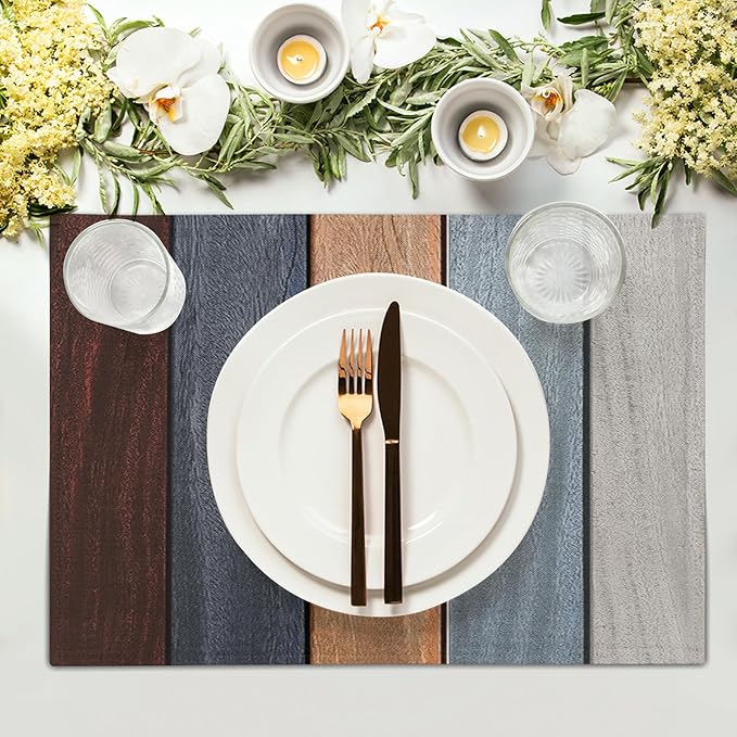 Giwawa Rustic Wood Placemats Set of 4- Antique Brown Old Barn Wooden Board Linen Place Mat 12x18 Inch- Farmhouse Country Style Washable Non-Slip Table Mats for Kitchen Dining Cabin Decor