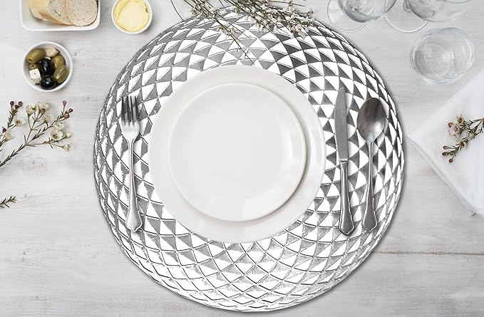 Vinyl Round Placemats Set of 4 - Non Slip Place Mats Ideal for Indoor and Outdoor Dining Table - Washable and Heat Resistant Table Mat for Kitchen Tables (Hunter Silver)