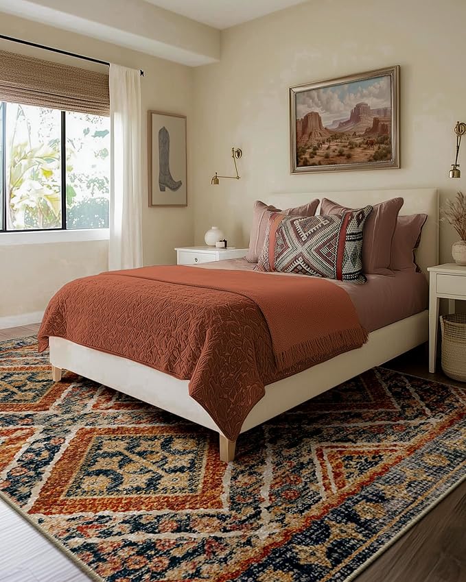 Area Rug 8x10 Rug Machine Washable Non-Slip Low Pile Print Pattern Western Rug for Living Room Bedroom Entryway Tribal Series -Orange/Brown