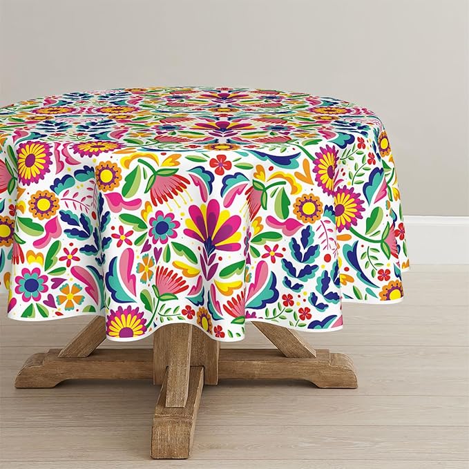 Horaldaily Mexico Tablecloth 70x70 Inch Round, Halloween Cinco De Mayo Fiesta White Washable Seasonal Table Cover for Party Picnic Dinner Decor
