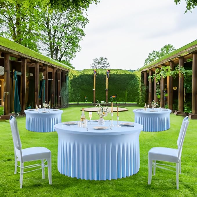 Outpain 6 Pack Spandex Baby Blue Round Tablecloths for 60in Tables, 120Inch Stretchy Fitted 5FT Round Table Clothes,Wrinkle Free Table Cover with Skirt for Wedding Party Dining Banquet