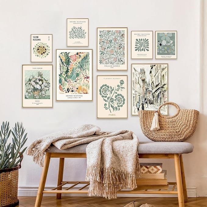 Sage Green Wall Art Prints Eclectic Decor, ASTRDECOR 9 PCS Sage Green Wall Decor Aesthetic, Green Matisse Wall Art Exhibition Poster Set, Bathroom, Hallway- Unframed