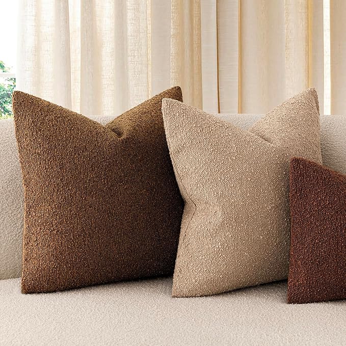 Foindtower Set of 2, Decorative Textured Boucle Throw Pillow Covers Accent Solid Pillow Cases Neutral Soft Cozy Couch Cushion Case for Chair Sofa Bedroom Living Room Home Decor 26x26 Inch Hazel Brown