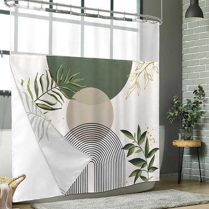 Sage Green Boho Shower Curtain with Snap in Liner Modern Mid Century Abstract Minimalist Gold Leaves Plant Sun Geometric Arch 72Wx72H Bathroom Decor Bath Curtain Fabric Polyester 12 Pack Hooks