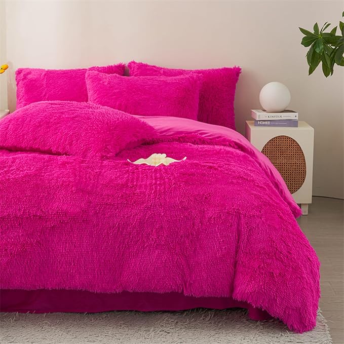 MorroMorn 5 PCS Shaggy Duvet Cover Bedding Set - Fluffy Comforter Cover Long Faux Fur Luxury Ultra Soft Cozy (Hot Pink, King/California King)