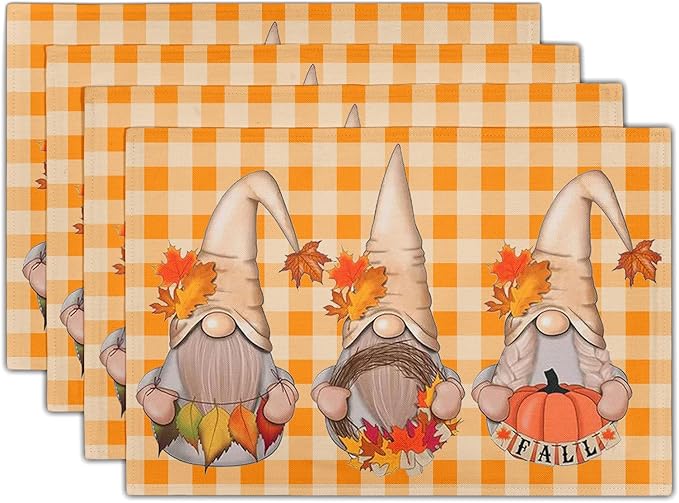 Giwawa Fall Gnome Placemats Set of 4- Autumn Thanksgiving Pumpkins Maple Leaves Table Mats 12"x18"- Orange White Checkered Plaids Linen Heat Resistant Place Mat for Kitchen Dining Farmhouse Decor