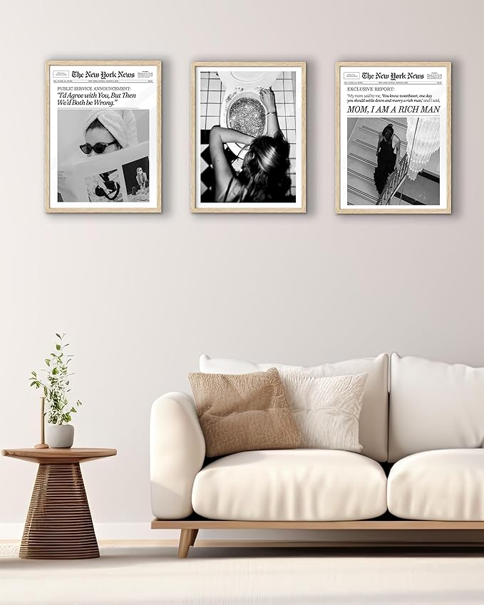 EcoHest Trendy Newspaper Framed Wall Art, 12x16 in OAK Wood Mom I Am a Rich Man Canvas Art, Magazine Girly Poster College Dorm Decor, Beige Logs Set of 1 for Bedroom Living Room