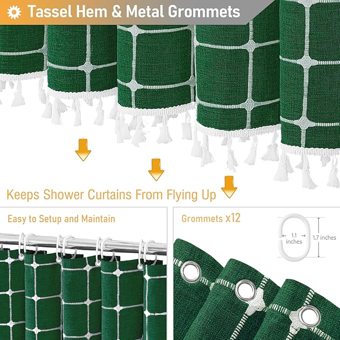 BTTN 78 Inch Long Shower Curtain - Boho Farmhouse Linen Ultra Thick Fabric Shower Curtain Set with Plastic Hooks, Tall Rustic Country Waterproof Shower Curtains for Bathroom - Emerald Green - 72x78